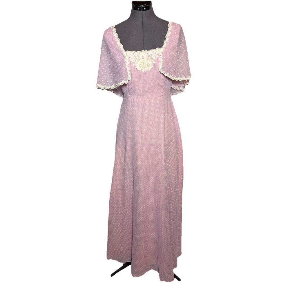 VTG 70s Prairie Cottagecore‎ Lavender Swiss Dot Lace Maxi Sylvia Ann Dress B33